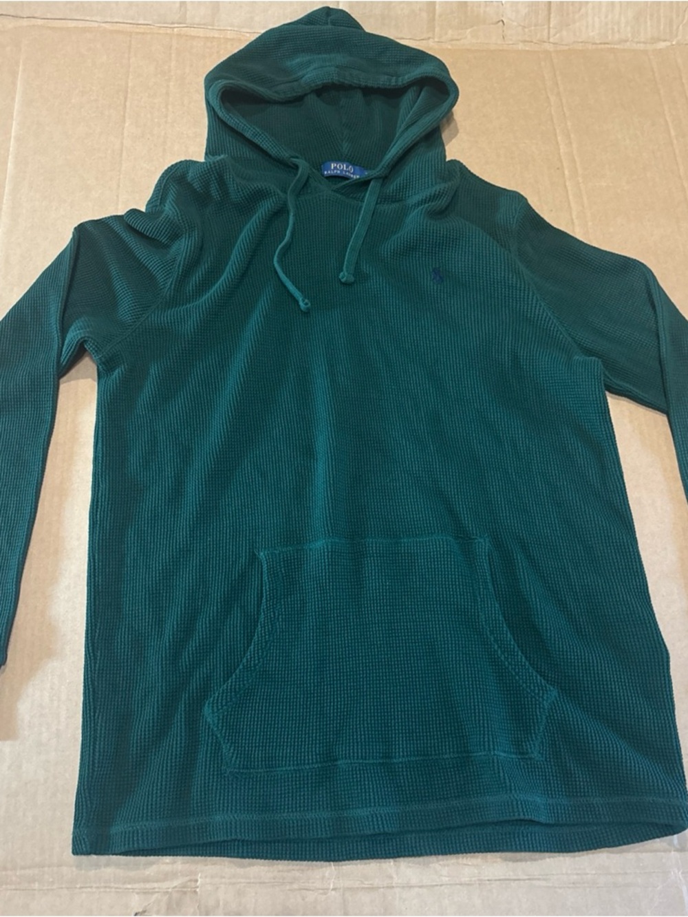 Polo Ralph Lauren Hoodie Mens XL Green Waffle Knit Thermal Kangaroo Pocket